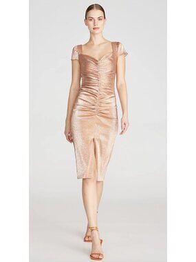 THEIA Renee Ruched Cocktail Dress Soft Peach Metallic US 12 Wedding Evening
